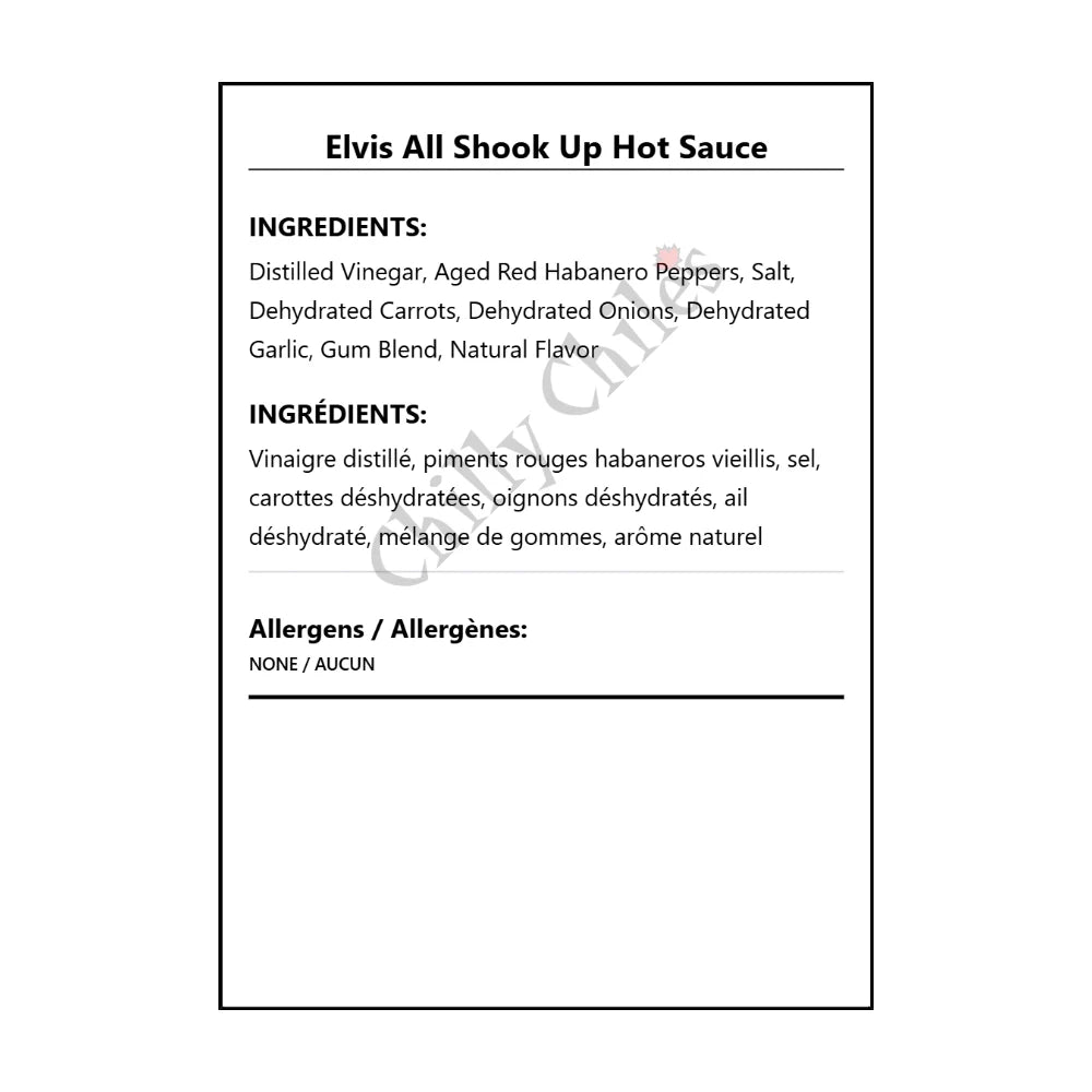 Elvis All Shook Up Hot Sauce - Bilingual Ingredients