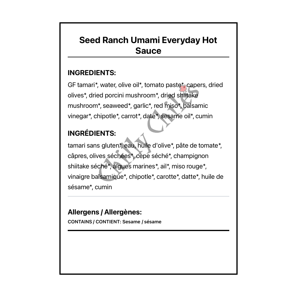 Seed Ranch Umami Everyday Hot Sauce - Bilingual Ingredients