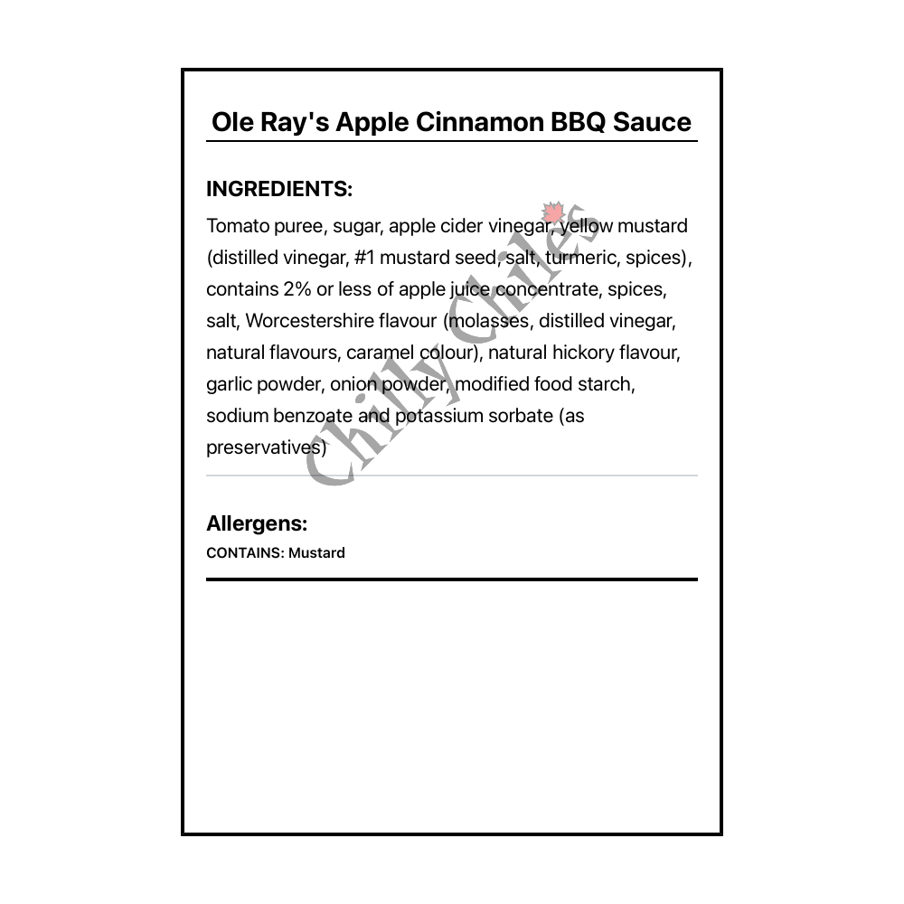 Ole Ray's Apple Cinnamon BBQ Sauce - Bilingual Ingredients