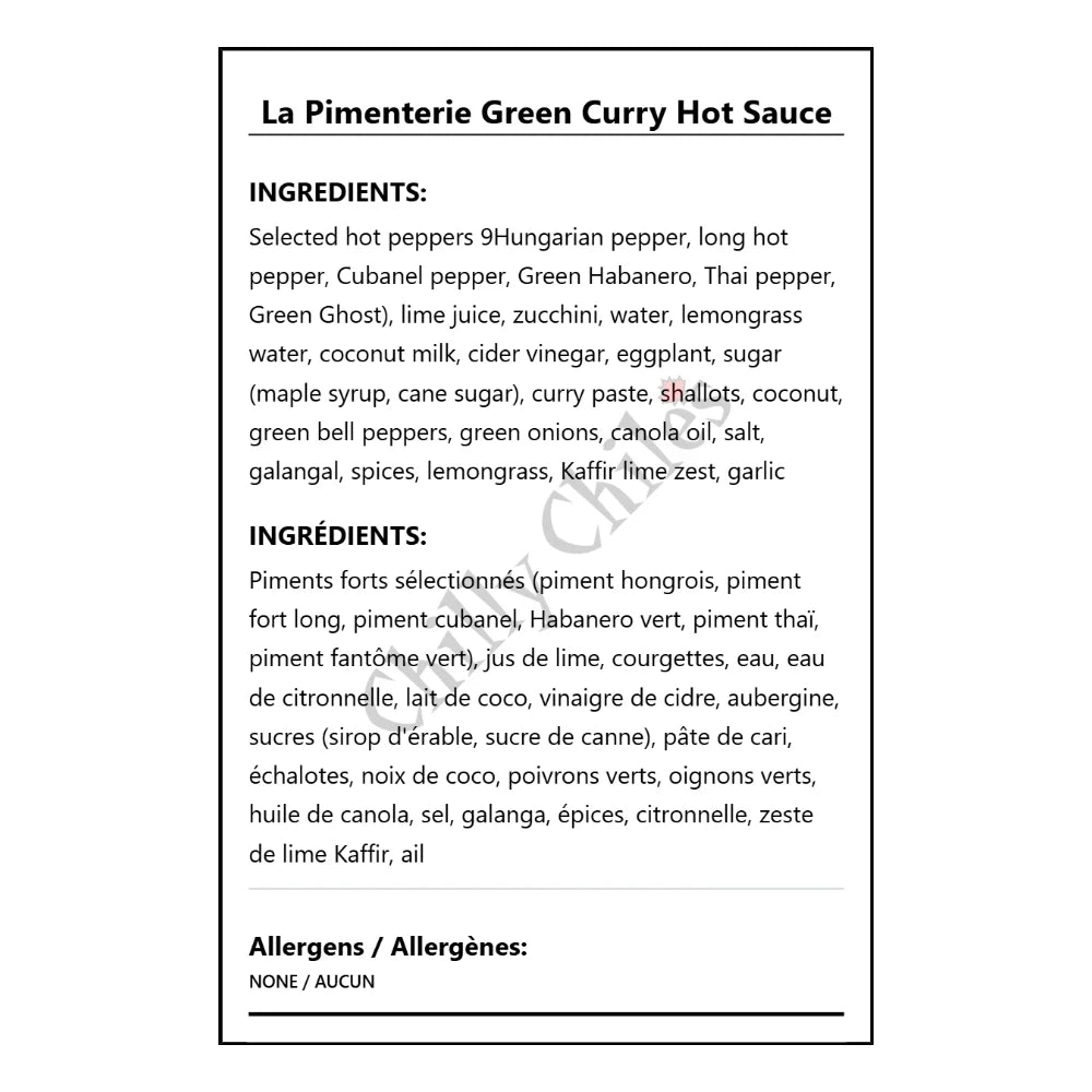 La Pimenterie Green Curry Hot Sauce - Bilingual Ingredients