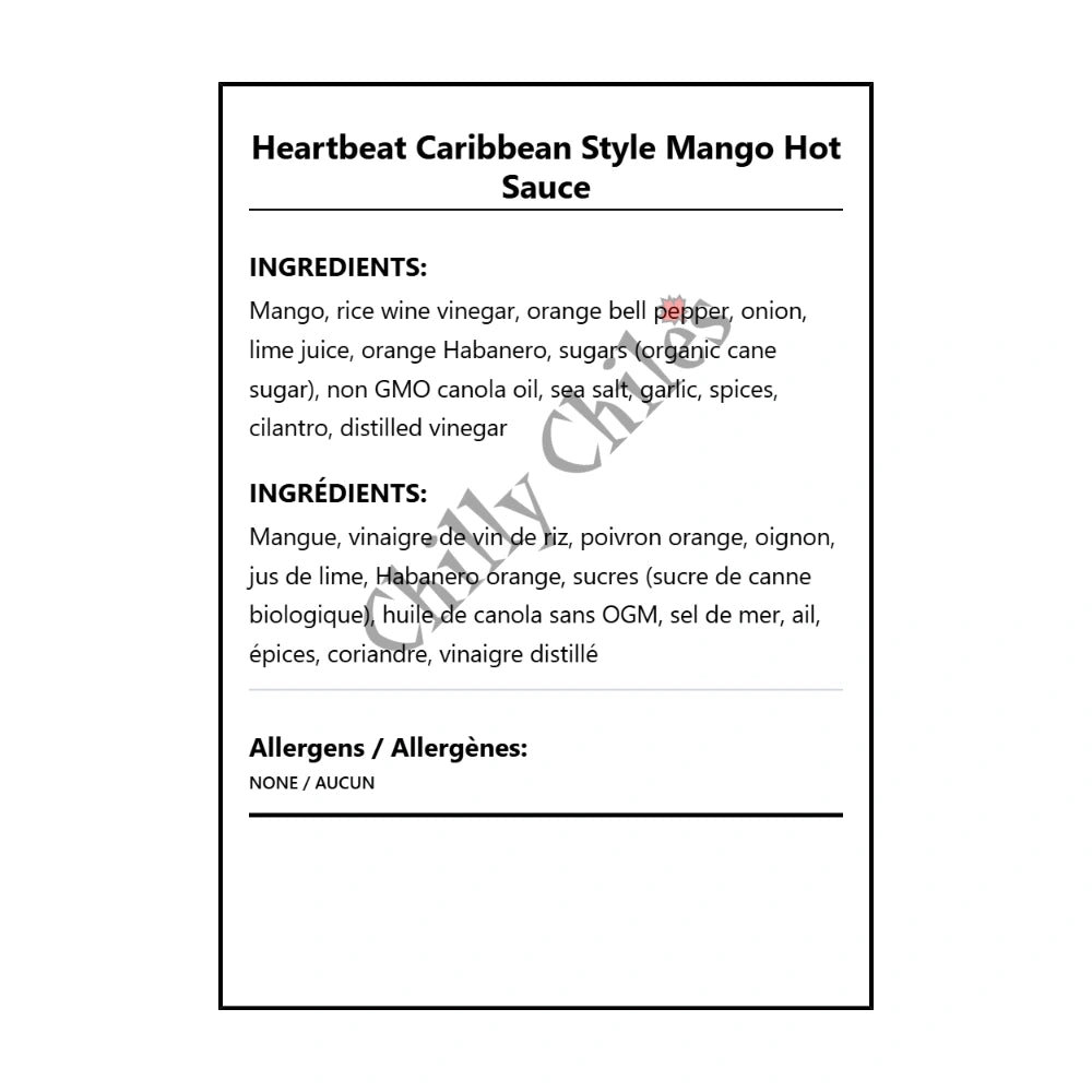 Heartbeat Caribbean Style Mango Hot Sauce - Bilingual Ingredients