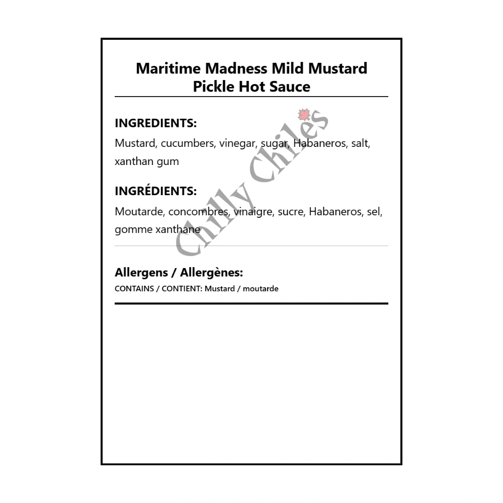 Maritime Madness Mild Mustard Pickle Hot Sauce - Bilingual Ingredients