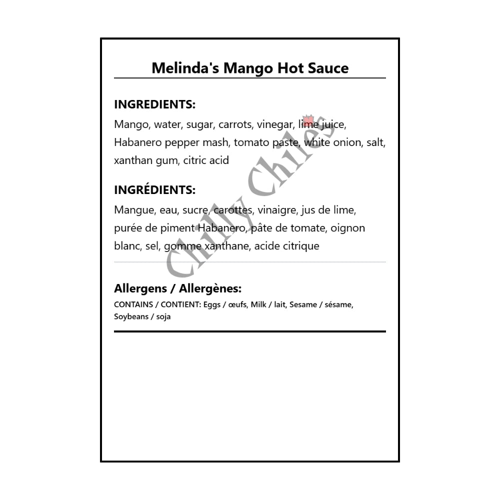 Melinda's Mango Hot Sauce - Bilingual Ingredients