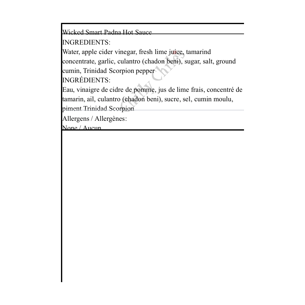 Wicked Smart Padna Hot Sauce - Bilingual Ingredients