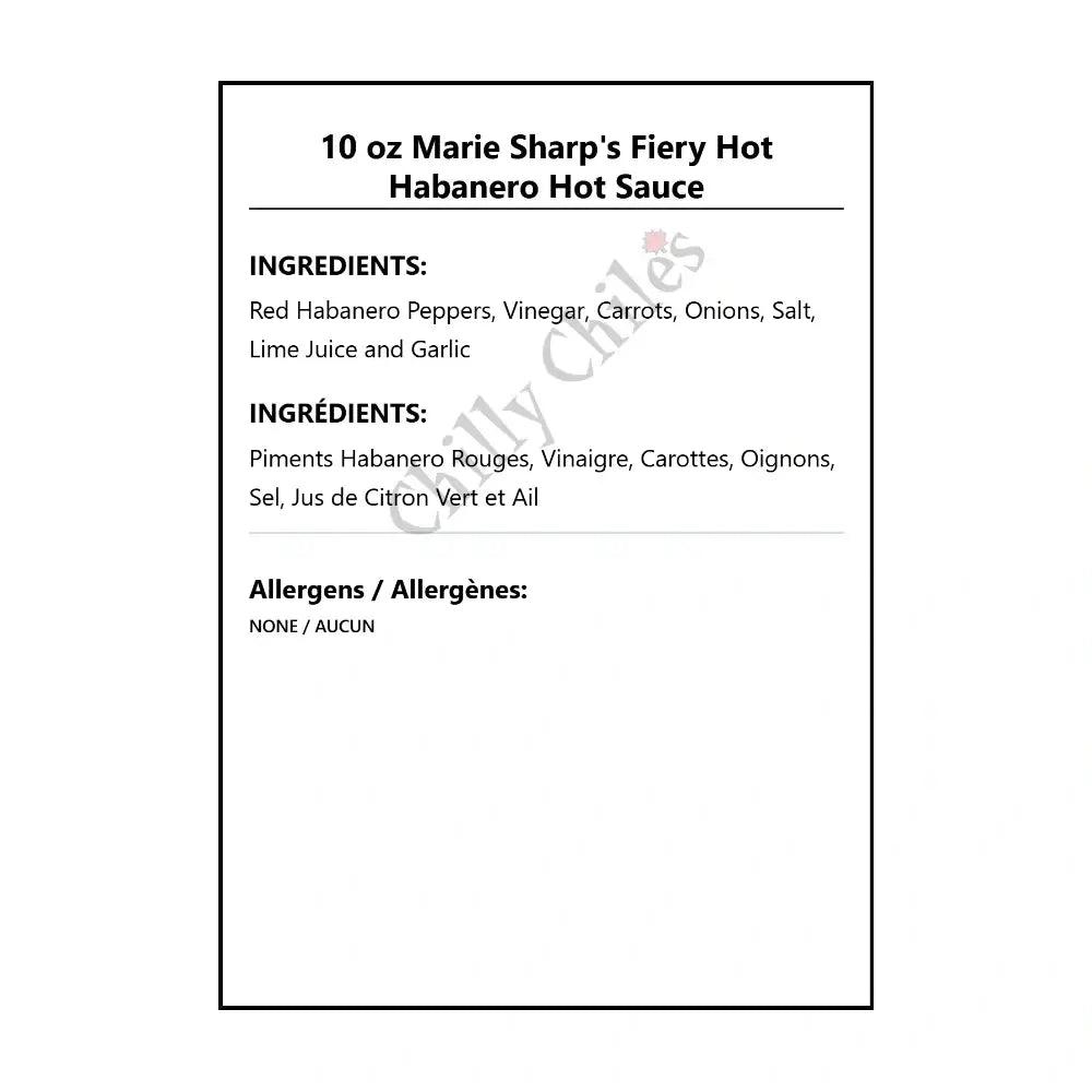 10 oz Marie Sharp’s Fiery Hot Habanero Hot Sauce - Hot Sauce
