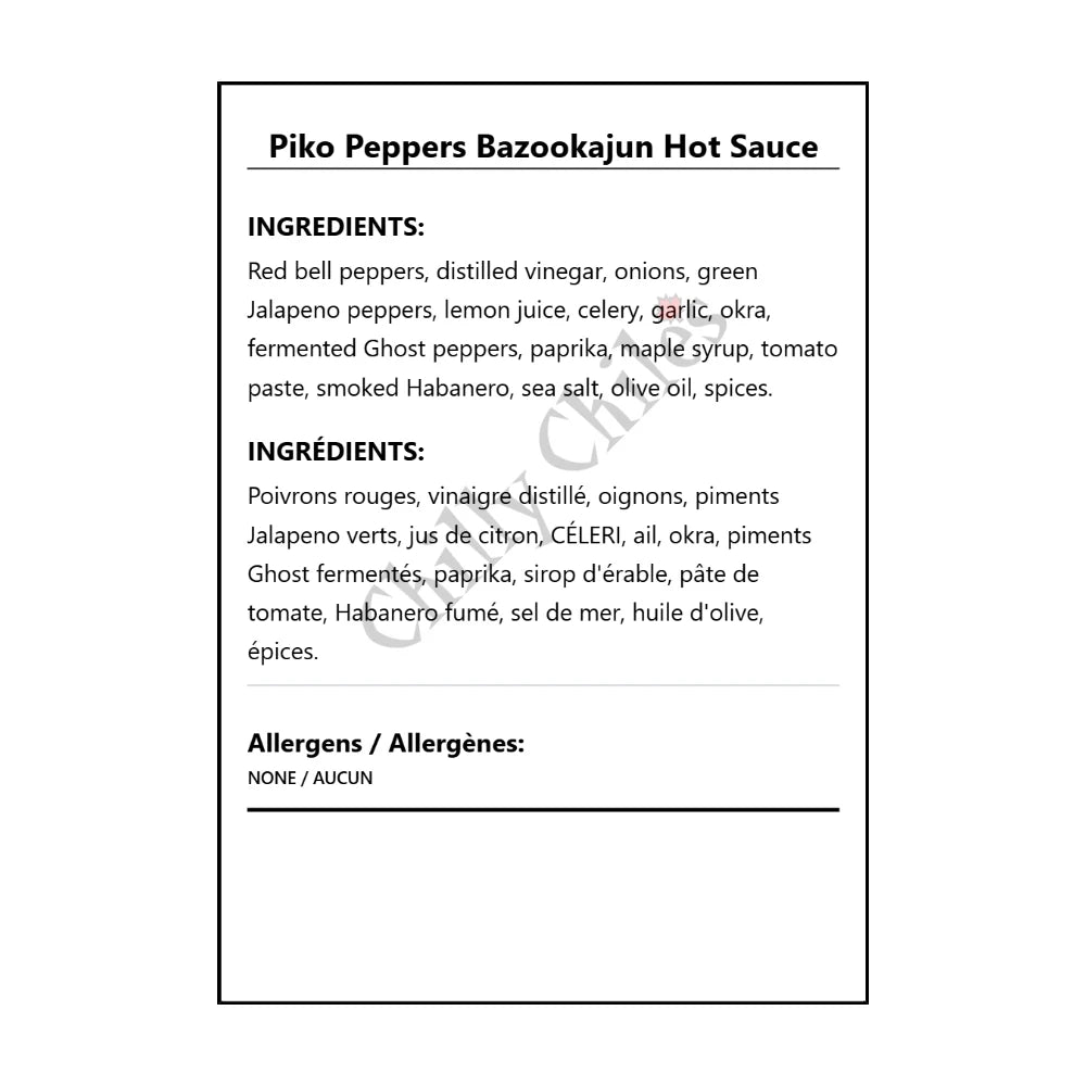 Piko Peppers Bazookajun Hot Sauce - Bilingual Ingredients