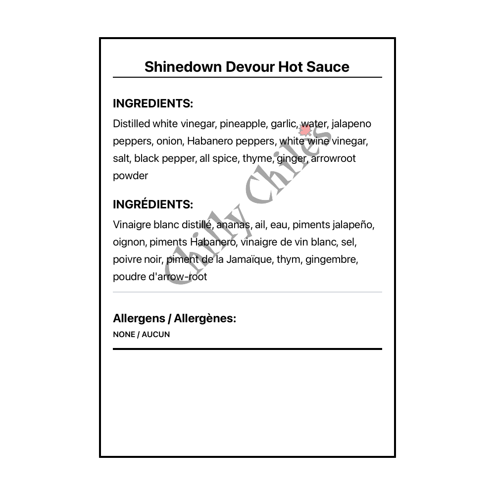 Shinedown Devour Hot Sauce - Bilingual Ingredients