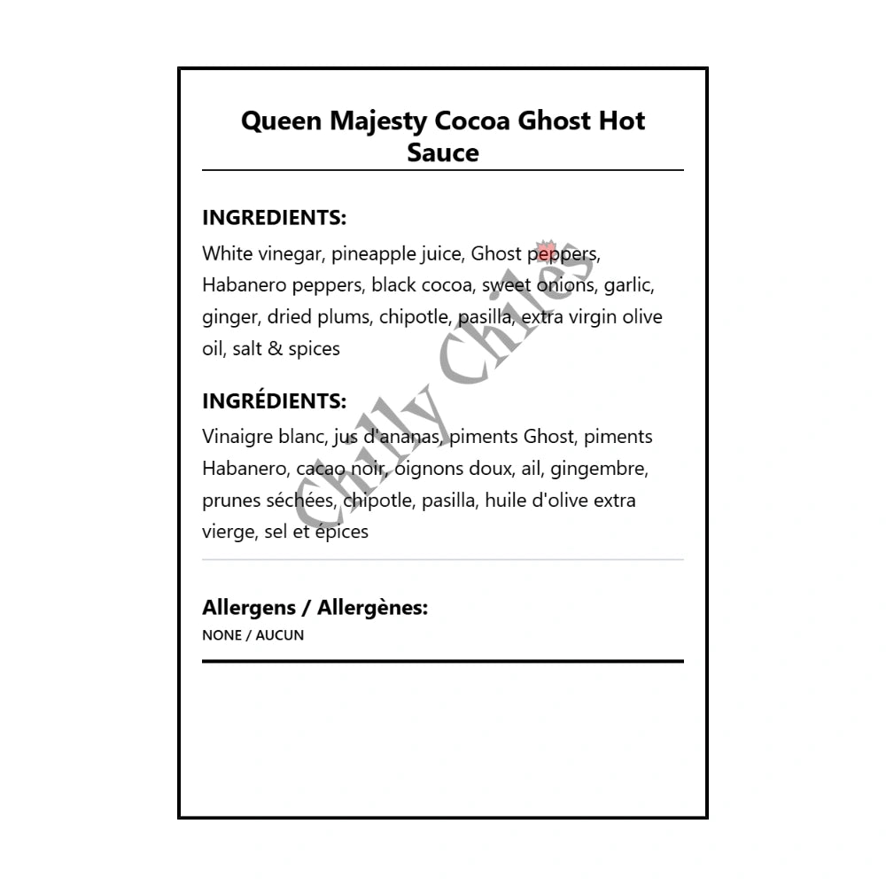 Queen Majesty Cocoa Ghost Hot Sauce - Bilingual Ingredients