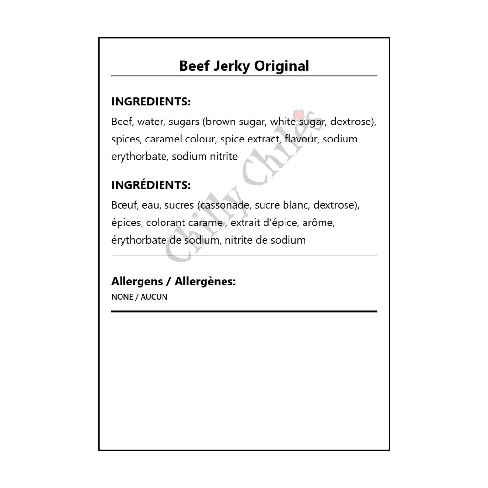 Beef Jerky Original - Bilingual Ingredients