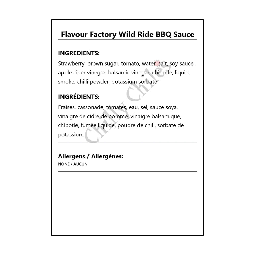 Flavour Factory Wild Ride BBQ Sauce - Bilingual Ingredients