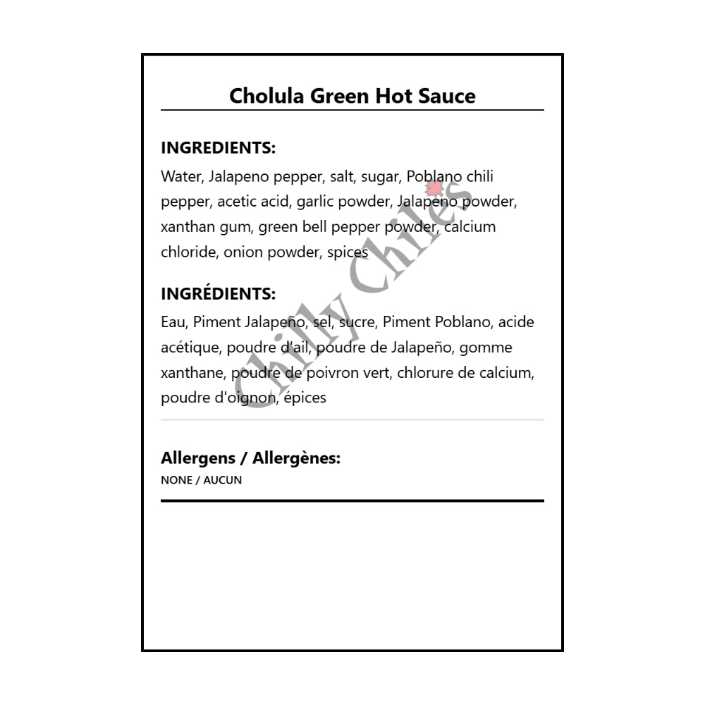 Cholula Green Hot Sauce - Bilingual Ingredients