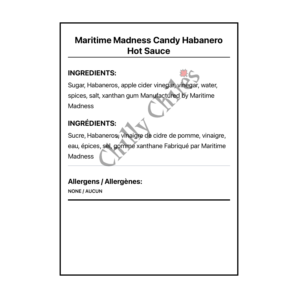 Maritime Madness Candy Habanero Hot Sauce - Bilingual Ingredients