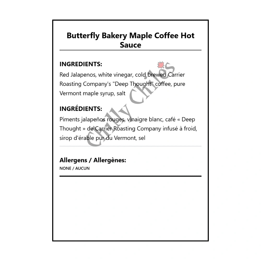 Butterfly Bakery Maple Coffee Hot Sauce - Bilingual Ingredients