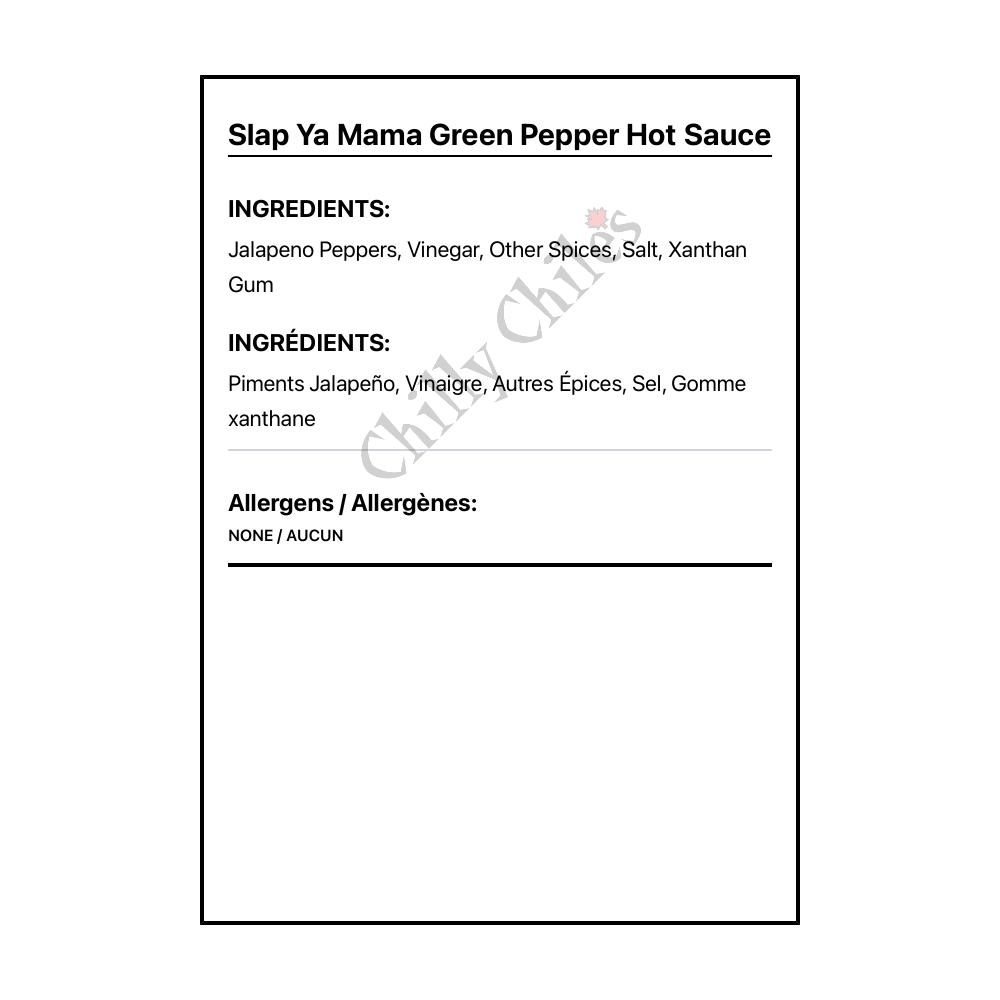Slap Ya Mama Green Pepper Hot Sauce - Bilingual Ingredients