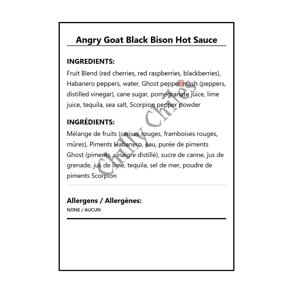 Angry Goat Black Bison Hot Sauce - Bilingual Ingredients
