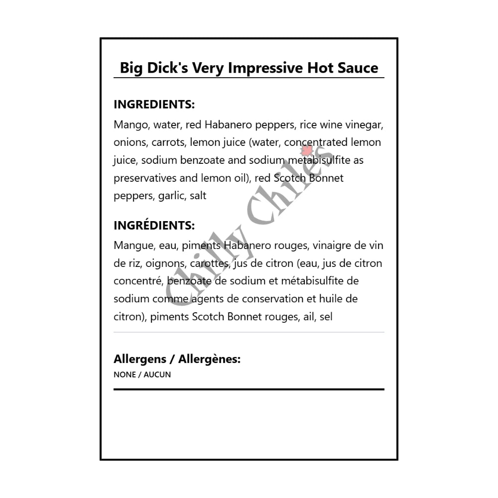 Big Dick's Very Impressive Hot Sauce - Bilingual Ingredients