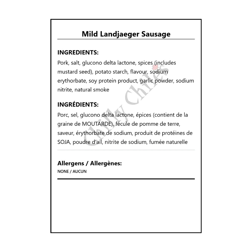 Mild Landjaeger Sausage - Bilingual Ingredients