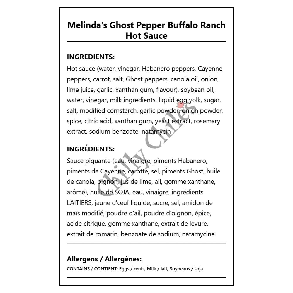 Melinda's Ghost Pepper Buffalo Ranch Hot Sauce - Bilingual Ingredients