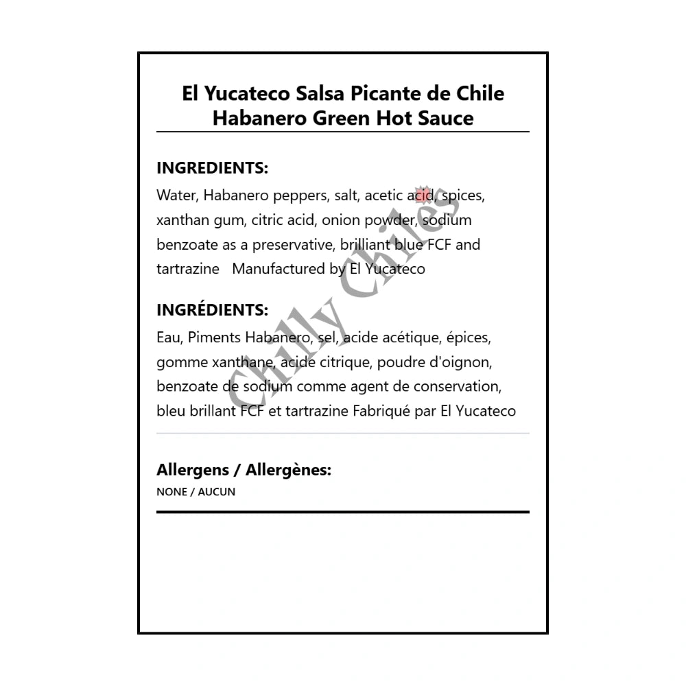El Yucateco Salsa Picante de Chile Habanero Green Hot Sauce - Bilingual Ingredients