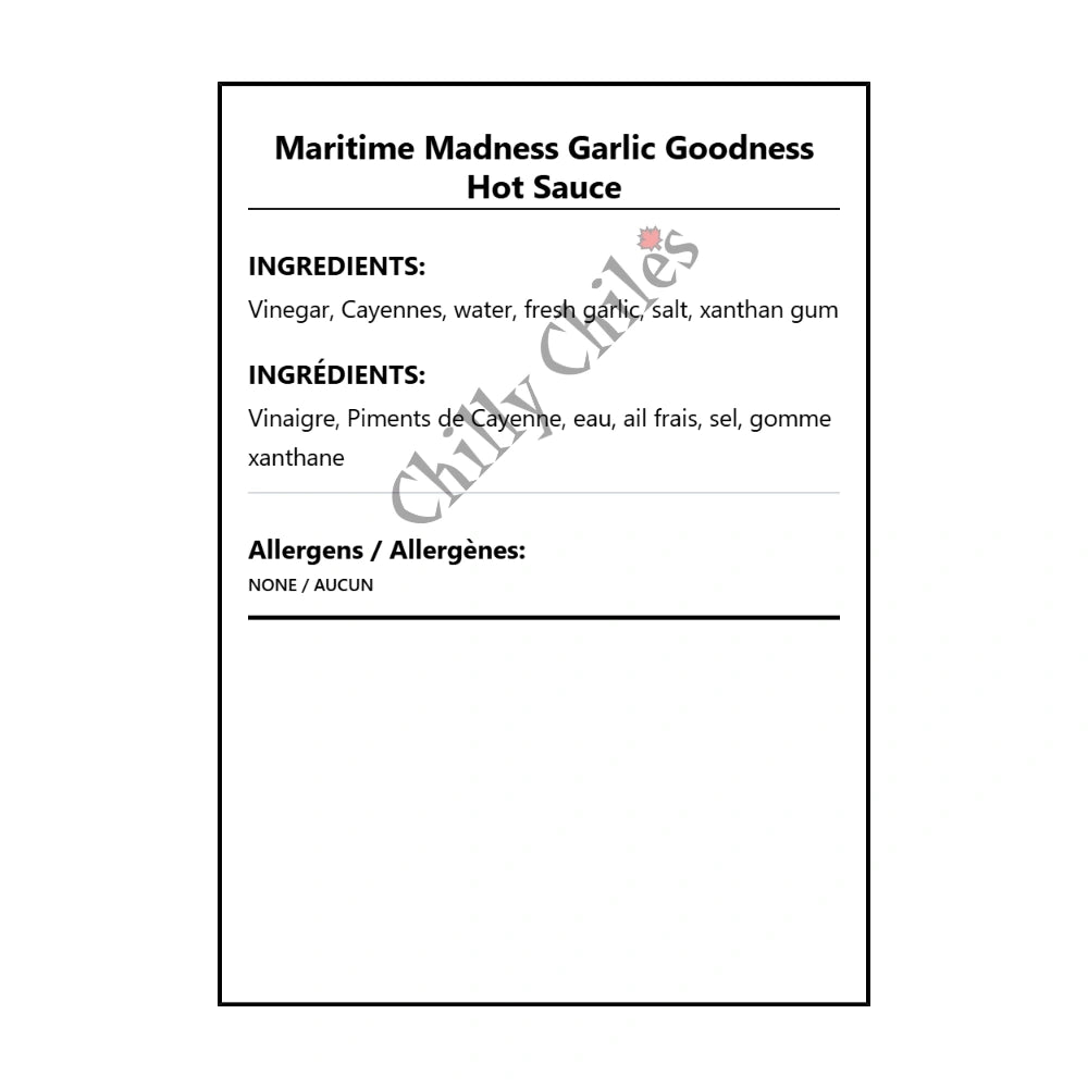 Maritime Madness Garlic Goodness Hot Sauce - Bilingual Ingredients