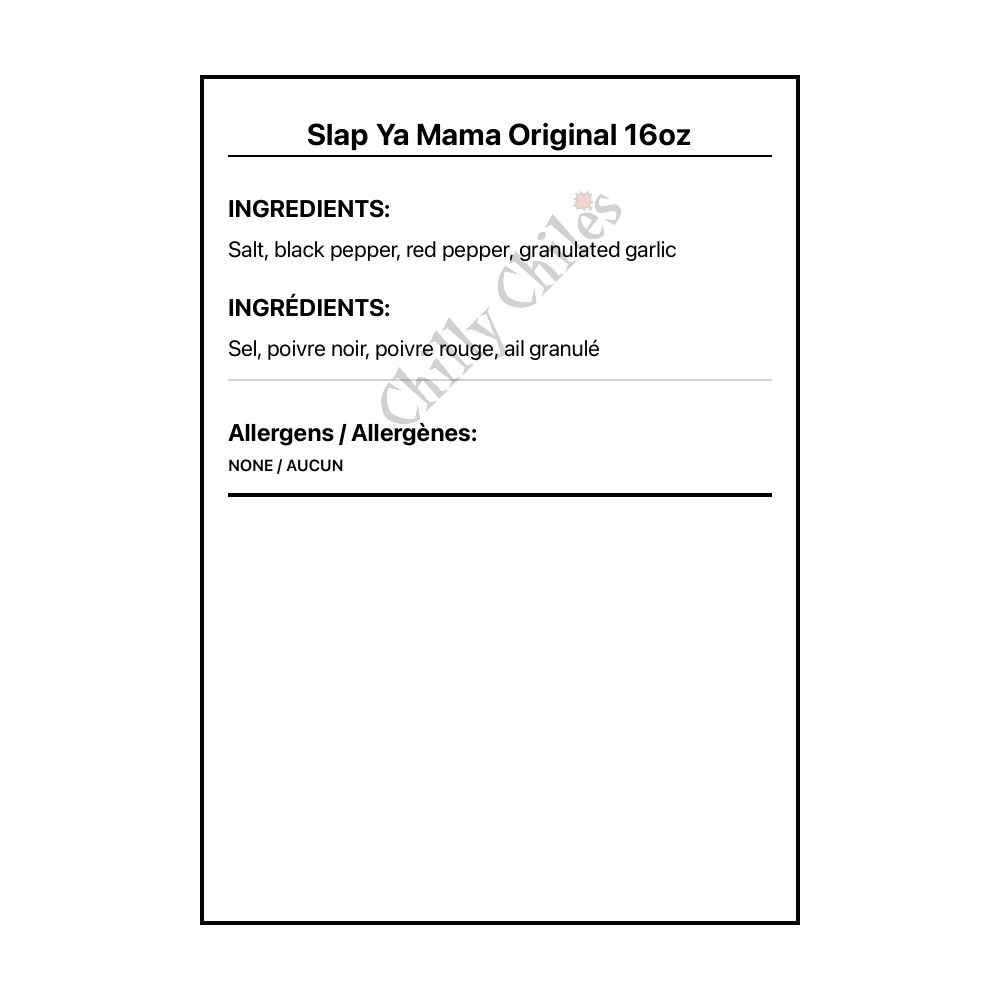 Slap Ya Mama Original 16oz - Bilingual Ingredients