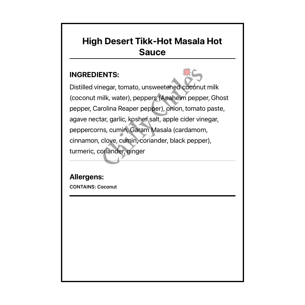 High Desert Tikk-Hot Masala Hot Sauce - Bilingual Ingredients