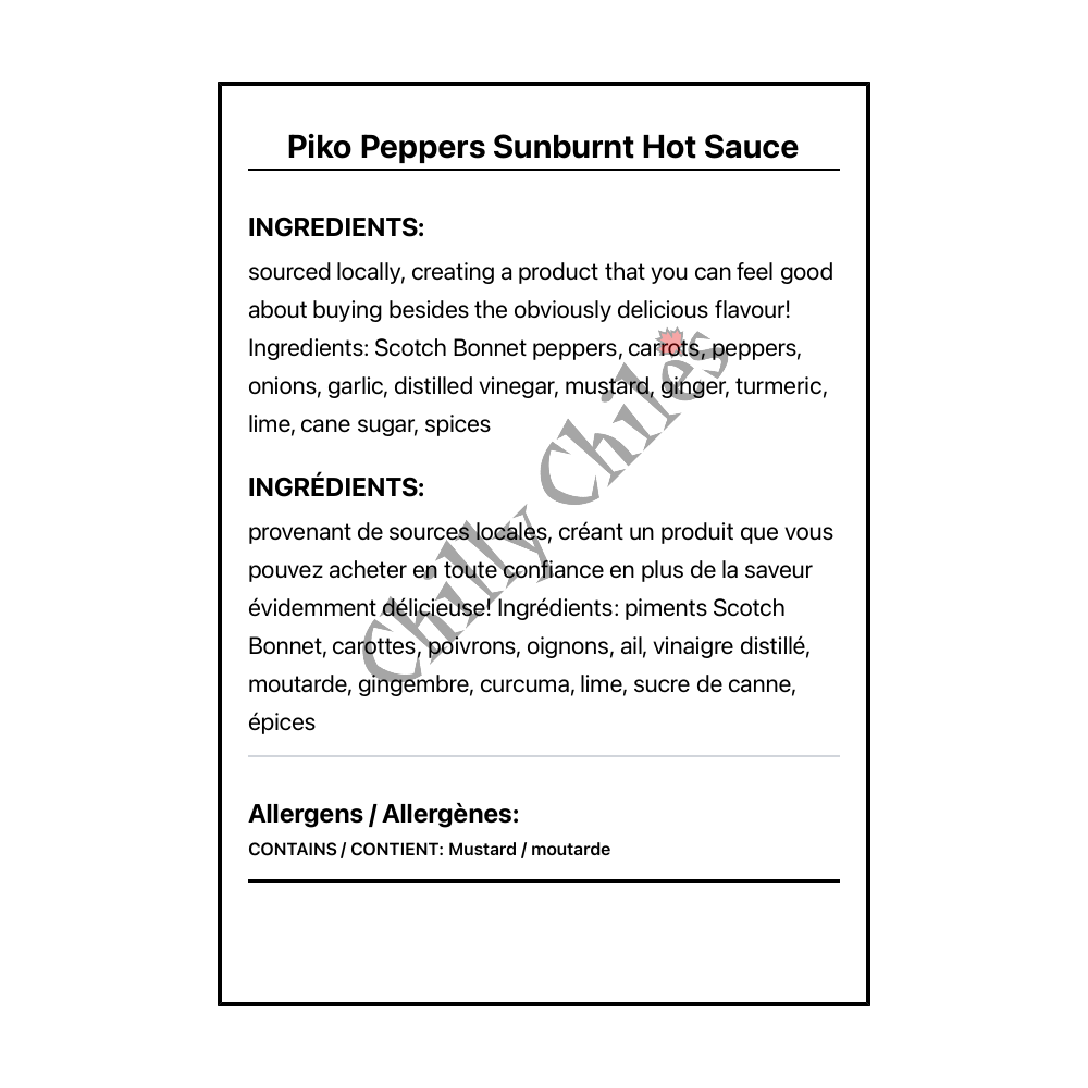 Piko Peppers Sunburnt Hot Sauce - Bilingual Ingredients