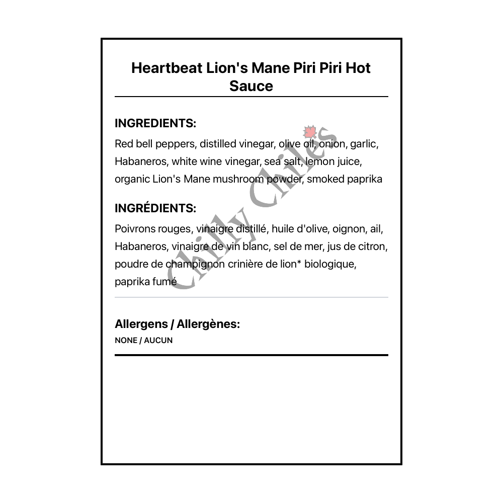 Heartbeat Lion's Mane Piri Piri Hot Sauce - Bilingual Ingredients