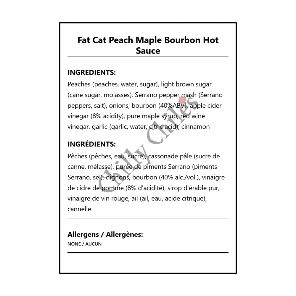 Fat Cat Peach Maple Bourbon Hot Sauce - Bilingual Ingredients