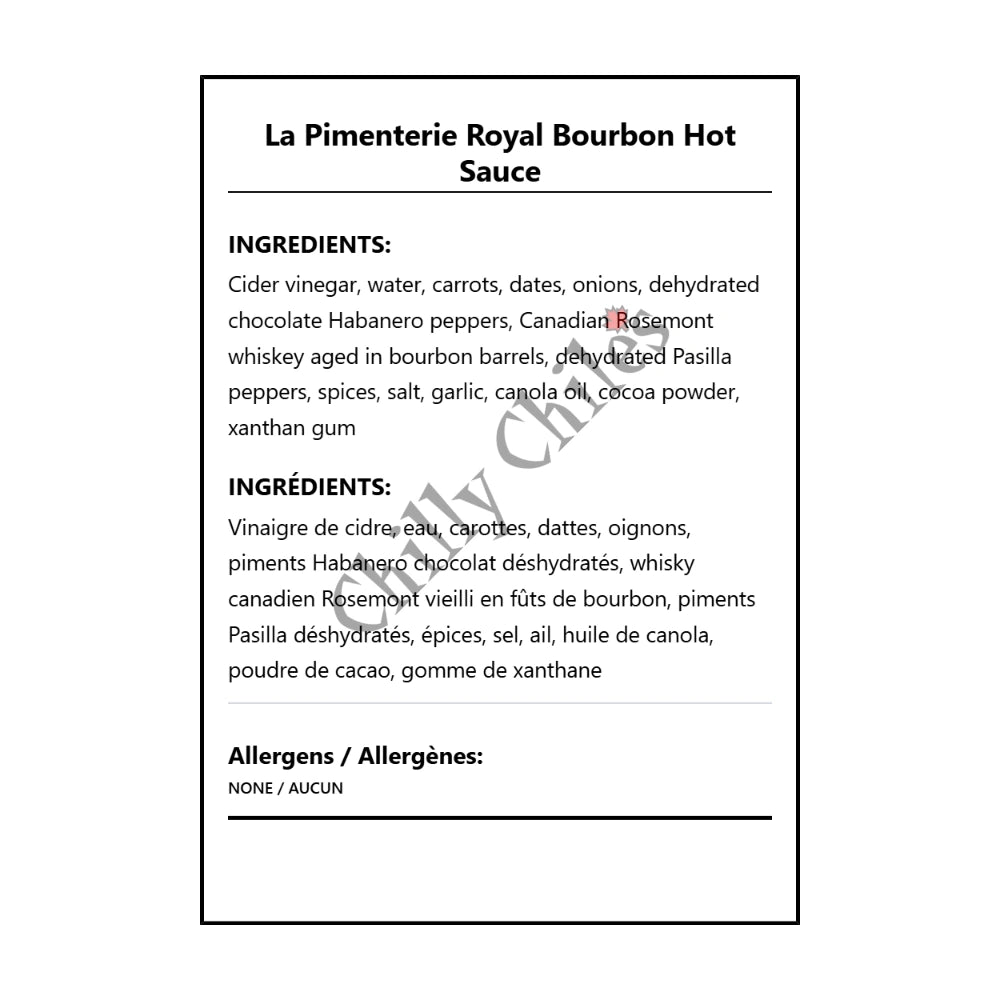La Pimenterie Royal Bourbon Hot Sauce - Bilingual Ingredients