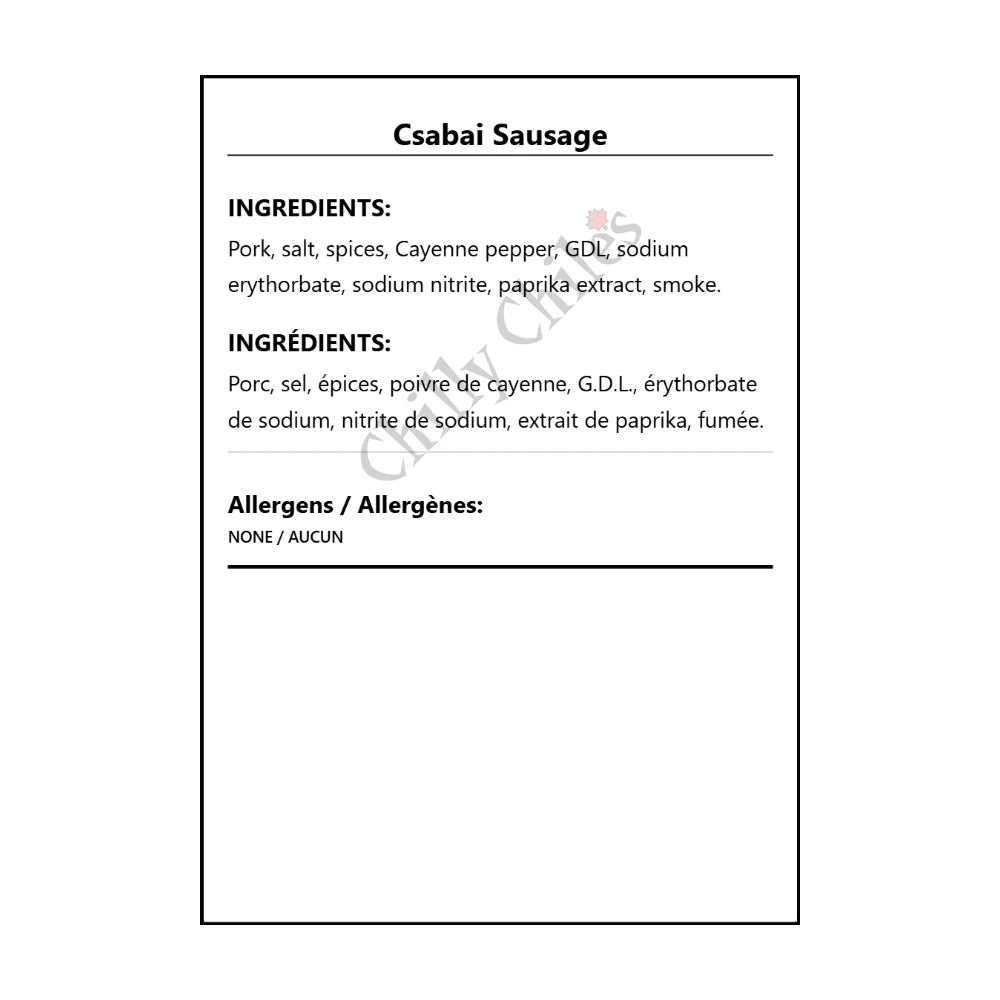 Csabai Sausage - Bilingual Ingredients