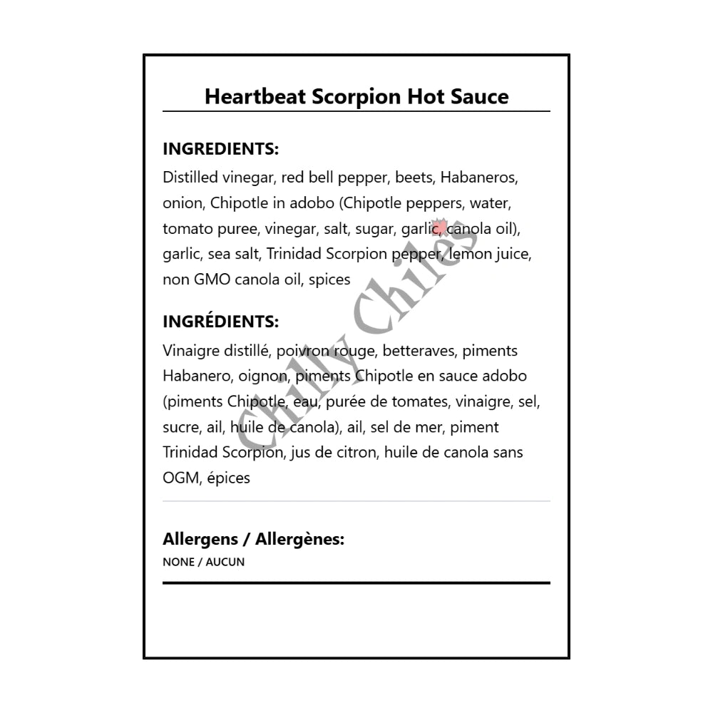 Heartbeat Scorpion Hot Sauce - Bilingual Ingredients
