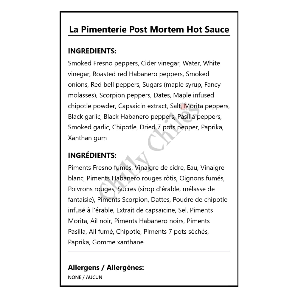 La Pimenterie Post Mortem Hot Sauce - Bilingual Ingredients