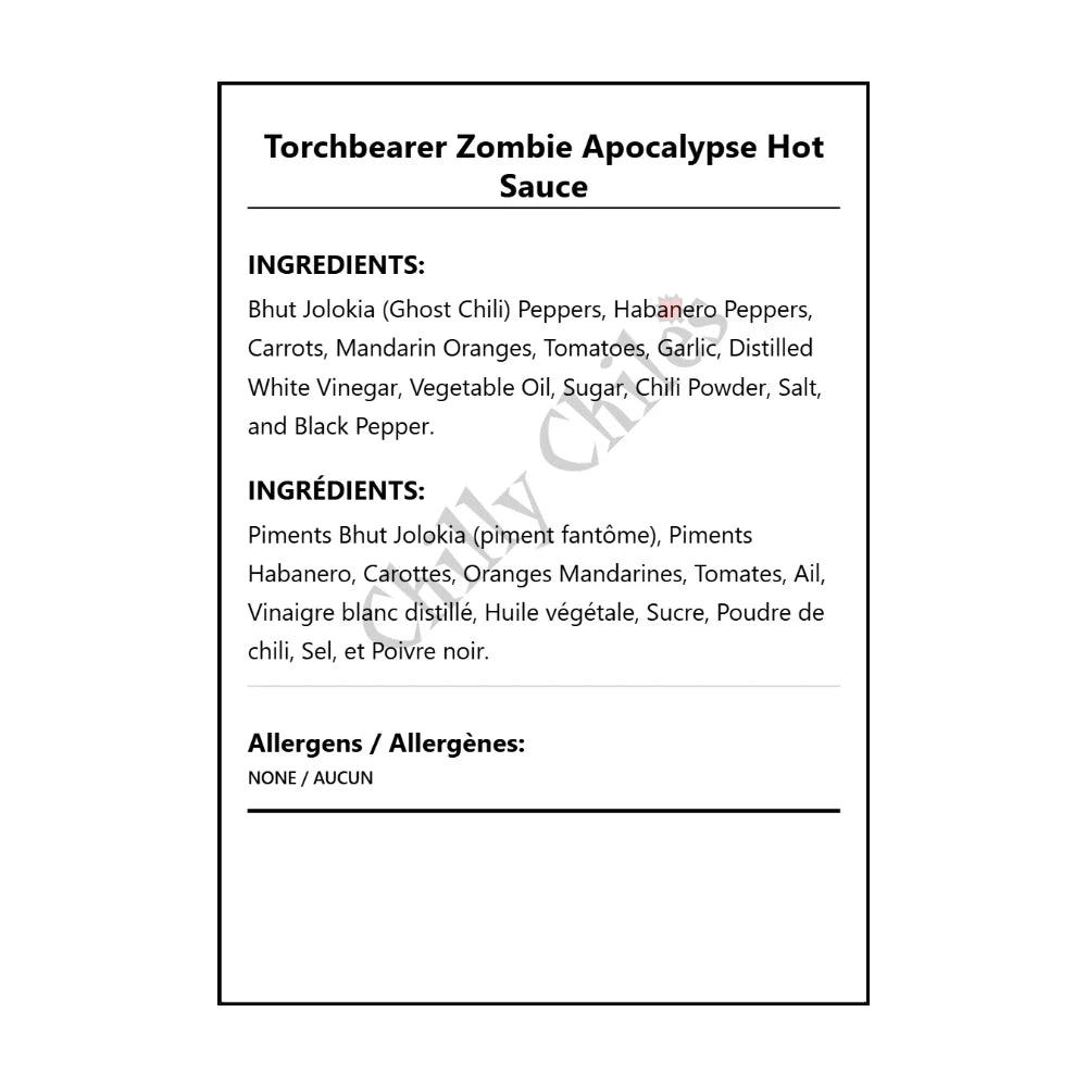 Torchbearer Zombie Apocalypse Hot Sauce - Bilingual Ingredients