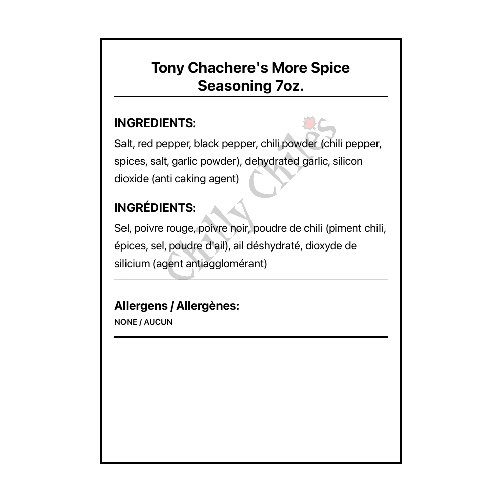 Tony Chachere's More Spice Seasoning 7oz. - Bilingual Ingredients