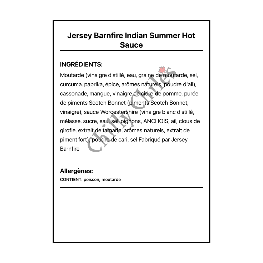 Jersey Barnfire Indian Summer Hot Sauce - Ingrédients Français