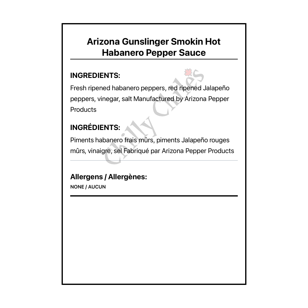 Arizona Gunslinger Smokin Hot Habanero Pepper Sauce - Bilingual Ingredients
