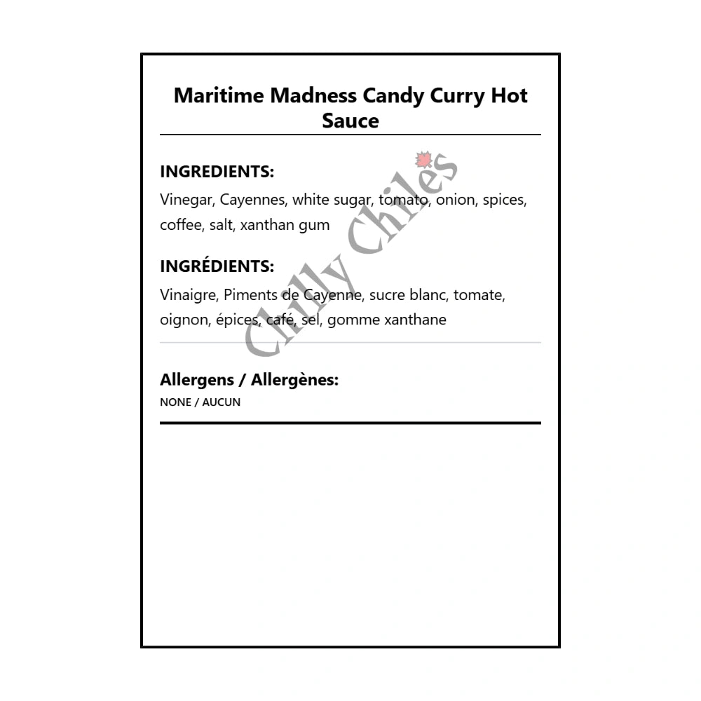 Maritime Madness Candy Curry Hot Sauce - Bilingual Ingredients