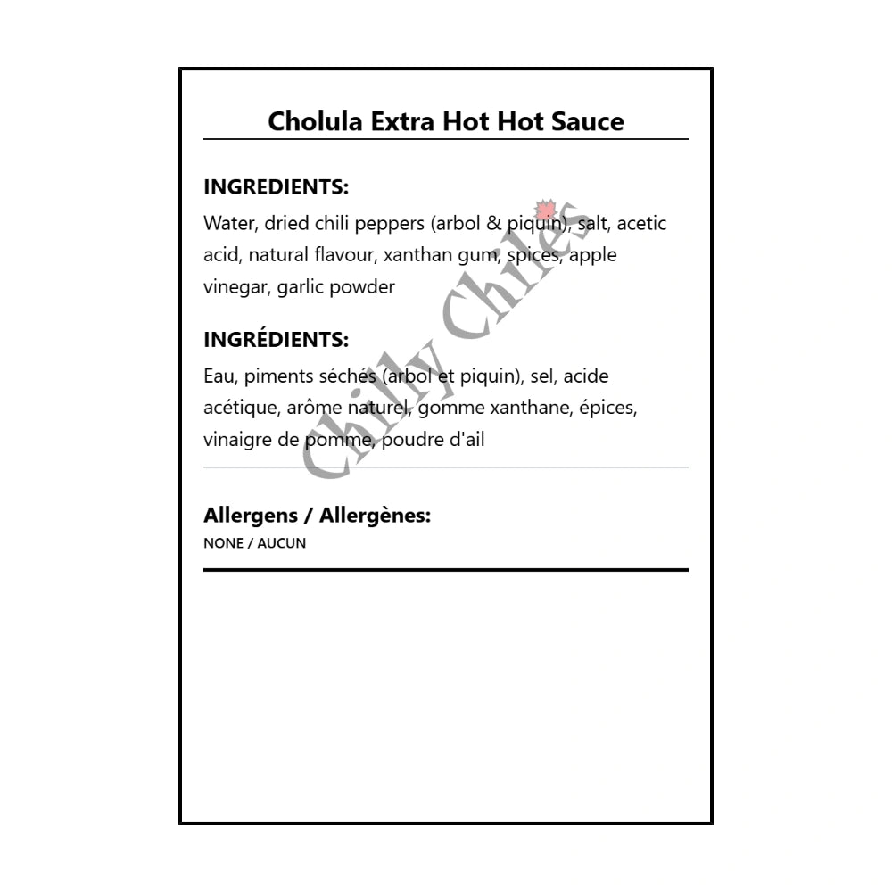Cholula Extra Hot Hot Sauce - Bilingual Ingredients