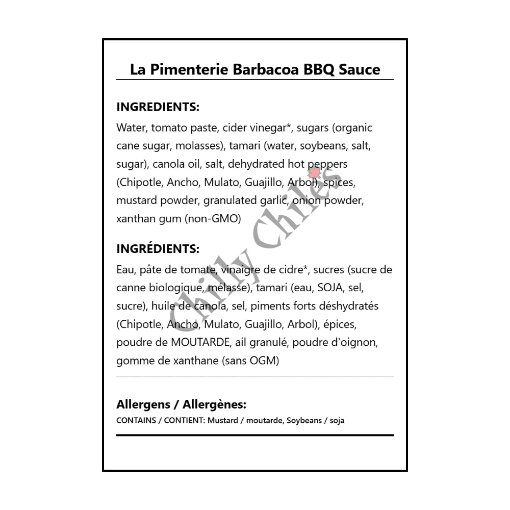 La Pimenterie Barbacoa BBQ Sauce - Bilingual Ingredients