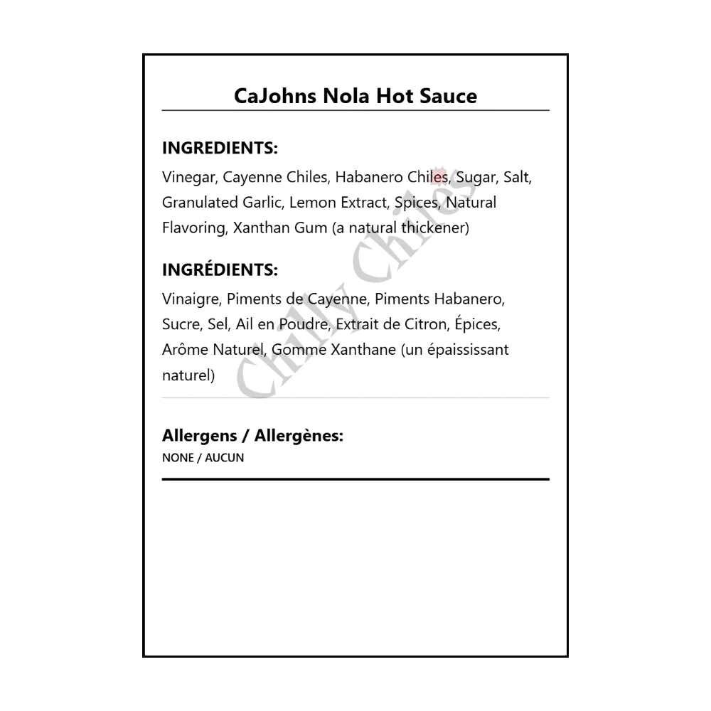 CaJohns Nola Hot Sauce - Bilingual Ingredients