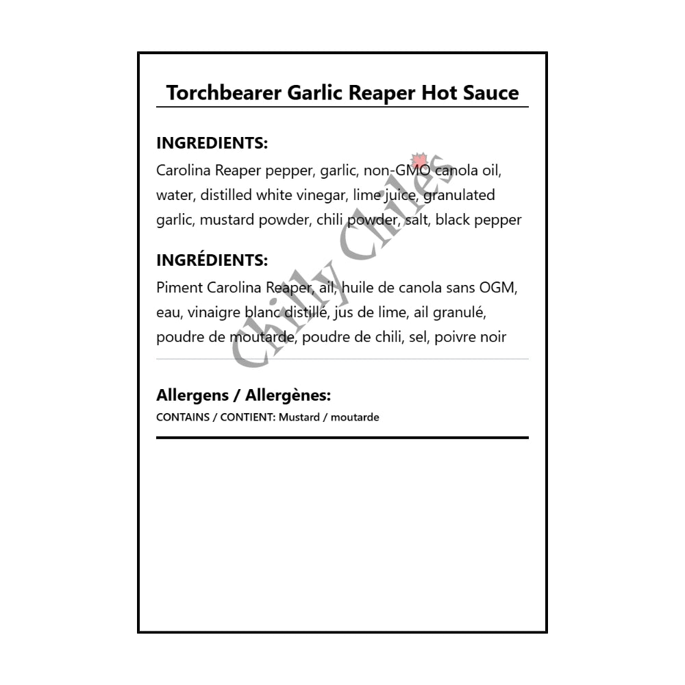 Torchbearer Garlic Reaper Hot Sauce - Bilingual Ingredients