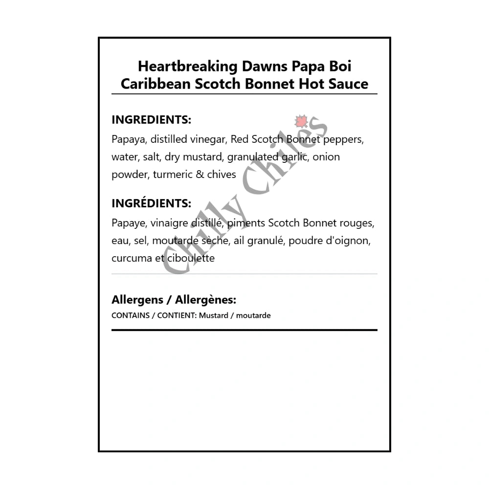 Heartbreaking Dawns Papa Boi Caribbean Scotch Bonnet Hot Sauce - Bilingual Ingredients