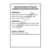 Heartbreaking Dawns Papa Boi Caribbean Scotch Bonnet Hot Sauce - Bilingual Ingredients