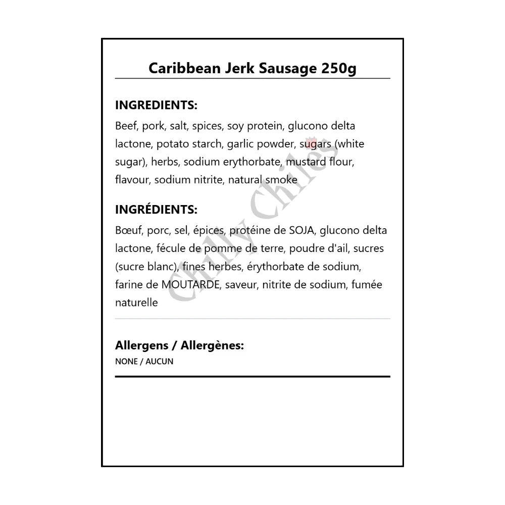Caribbean Jerk Sausage 250g - Bilingual Ingredients