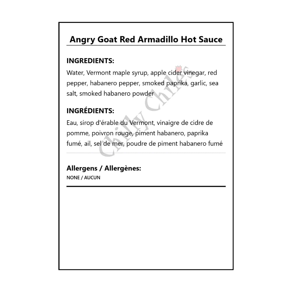 Angry Goat Red Armadillo Hot Sauce - Bilingual Ingredients