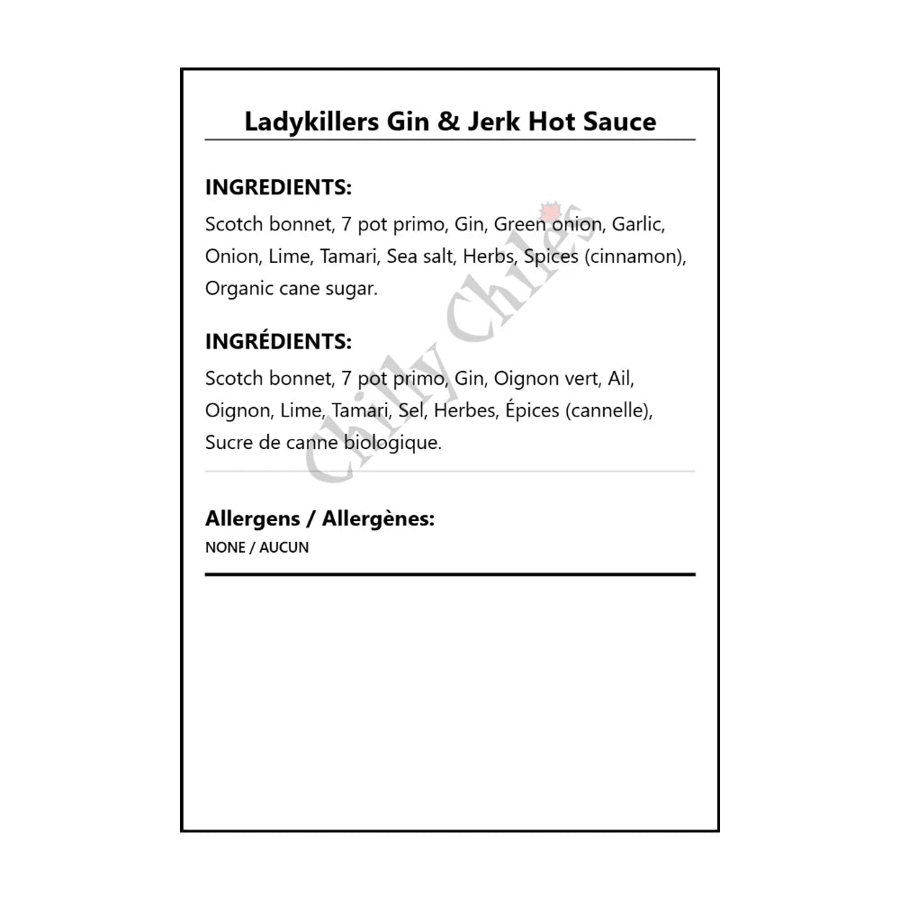 Ladykillers Gin & Jerk Hot Sauce - Bilingual Ingredients