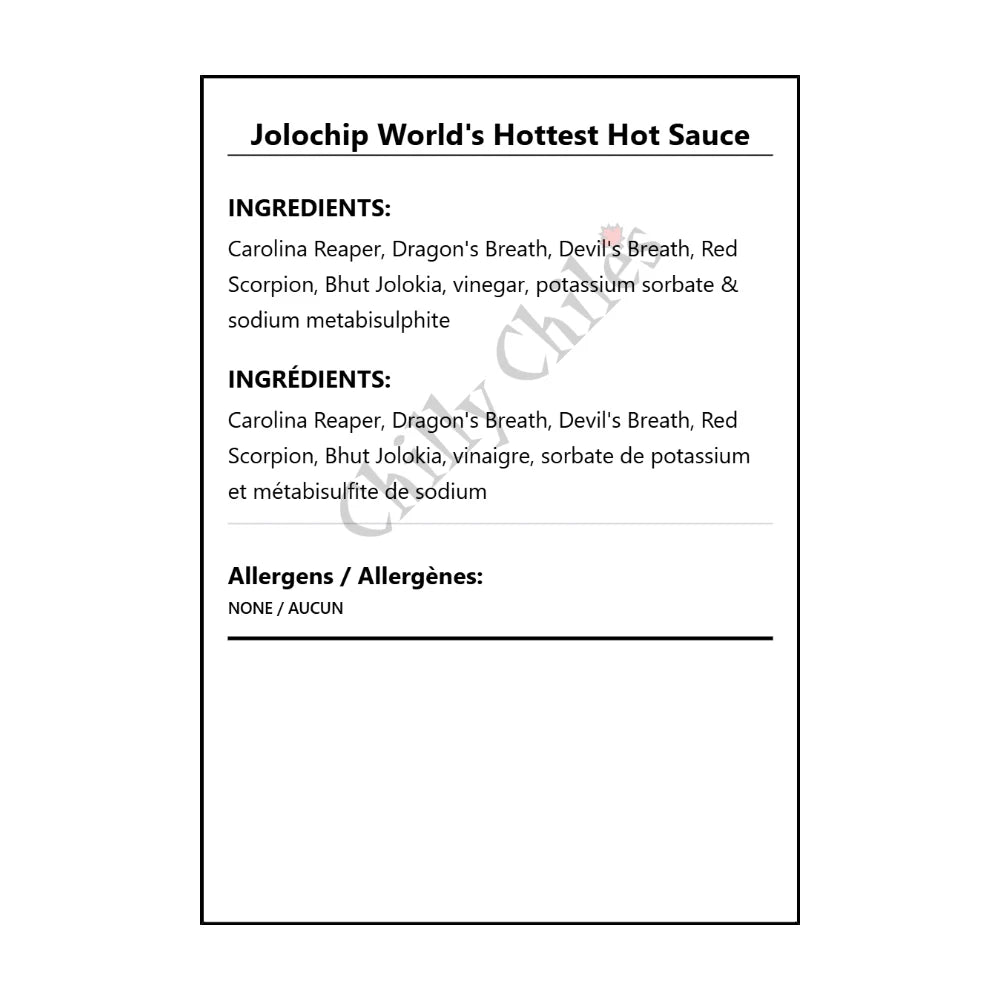 Jolochip World's Hottest Hot Sauce - Bilingual Ingredients