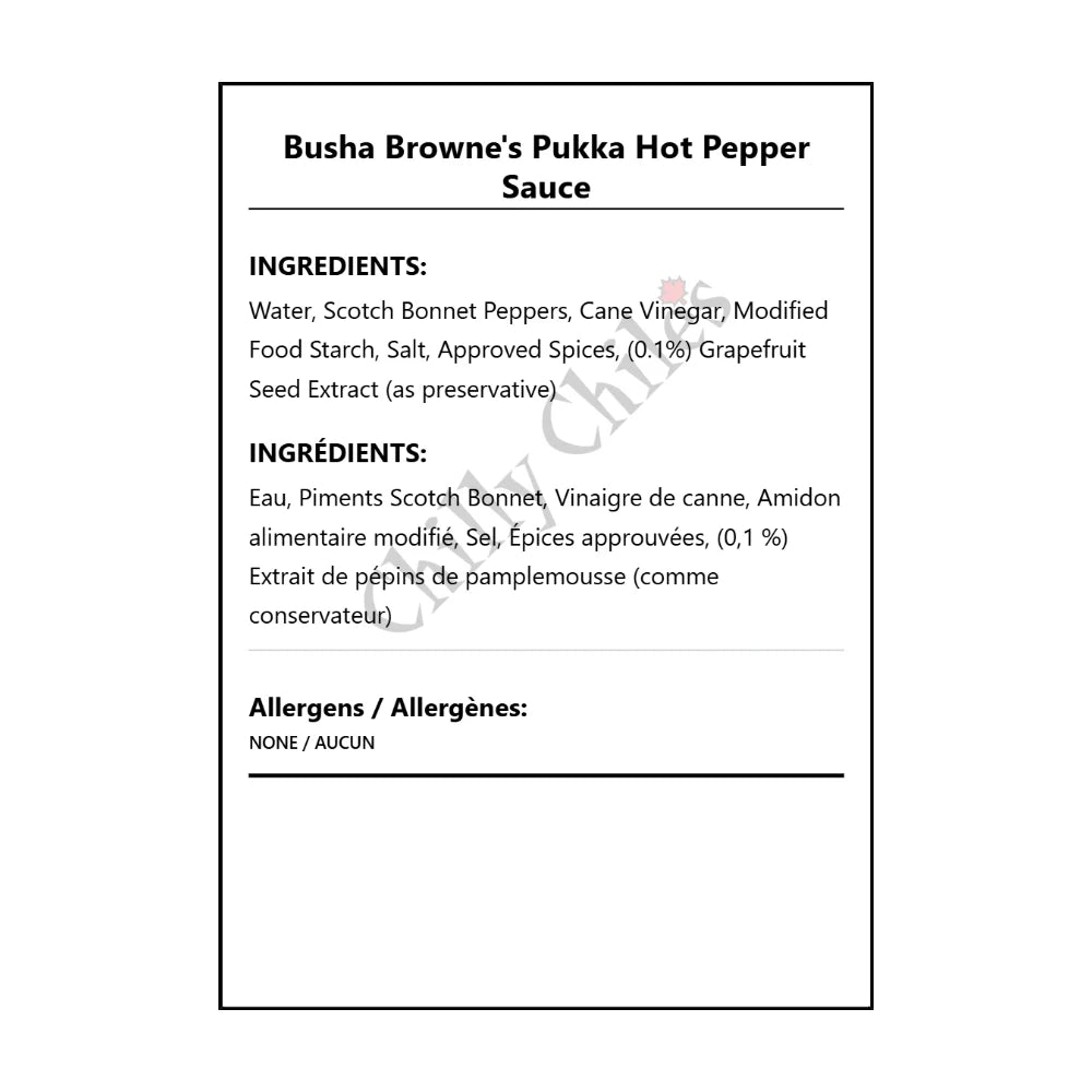 Busha Browne's Pukka Hot Pepper Sauce - Bilingual Ingredients