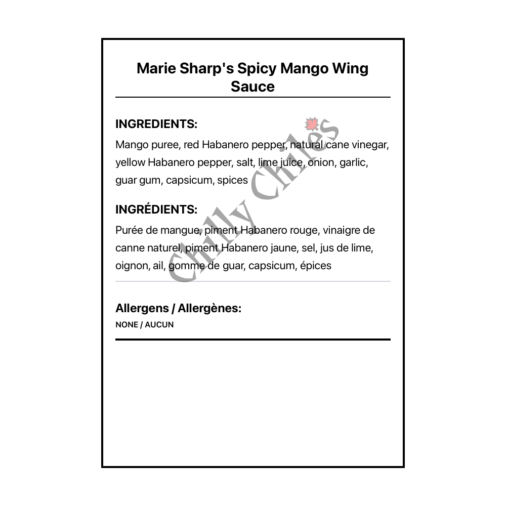 Marie Sharp's Spicy Mango Wing Sauce - Bilingual Ingredients